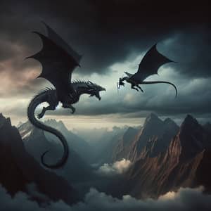 Dramatic Aerial Battle: Dark vs. Light Dragons in Mountain Sky