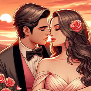 Romantic Sunset Kiss - Love and Affection Illustration