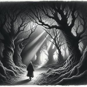 Ethereal Forest Walk: Graphite Pencil Illustration of Solitary Elderly Man