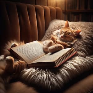 Intelligent Orange Cat Reading Book on Plush Cushion