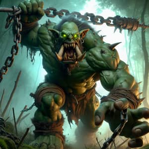 Dangerous Green Ogre in Misty Forest Swinging Iron Chain