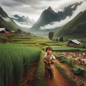 Serene South Asian Little Boy in Mountain Village Agriculture Area