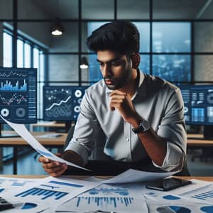 Focused South Asian Male Entrepreneur Studying Business Graphs