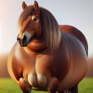 Robust Horse with Enlarged Belly in Green Pasture