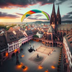 Paraglider Landing at Münsterplatz Church, Freiburg, Germany