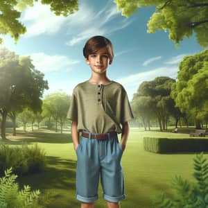 Young Boy in Casual Outfit Enjoying Serene Park Setting