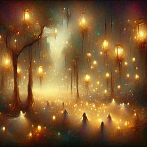 Enchanted Forest with Floating Lanterns | Fantasy Digital Painting