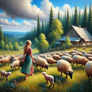 Young Girl Tending Family's Sheep in Scenic Village | Nature Scene