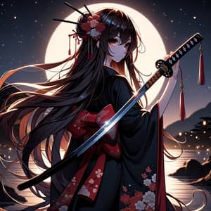 Anime Girl in Black and Red Kimono with Bronze Hair and Katana