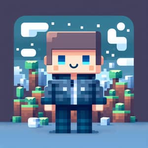 Pixelated Animated Character in Indigo Attire | Cube-Based Video Game Avatar