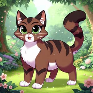 Cartoonish Brown Cat in Lush Forest Setting
