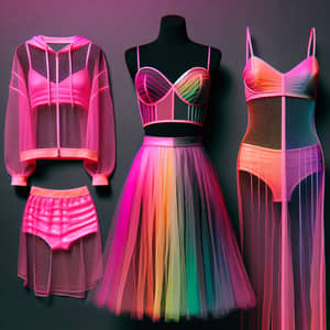 Neon Culture Fashion Ensemble: Vibrant Neon Silk Top, Mesh Cover-Up, Rainbow Skirt