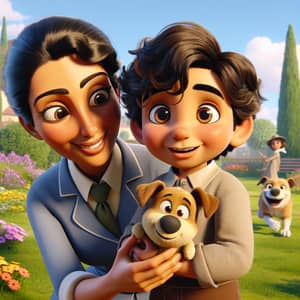 Enchanting Pixar-Style Animation: Boy and Caretaker in Lively Park Scene