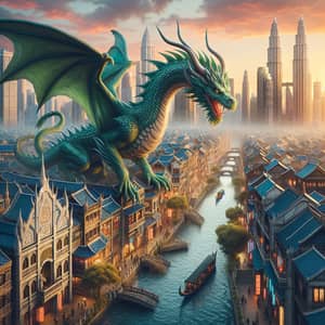 Majestic Green Dragon Soaring Over Intricate Cityscape