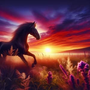 Graceful Horse Running in Wild Sunset Meadow