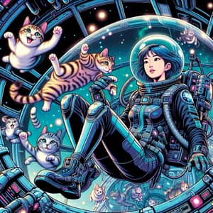 Young Asian Girl in Futuristic Spaceship with Floating Cats