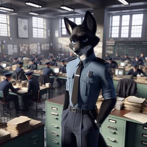Anthropomorphic Fox in Police Uniform at Busy Police Station