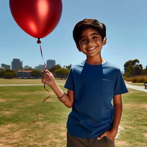 Happy South Asian Boy with Red Balloon in Sunny Park