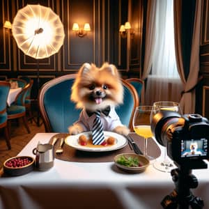 Fashionable Pomeranian Dining at French Restaurant | Pet Portrait
