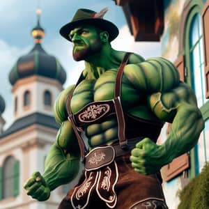 Muscular Green Man in Traditional German Lederhosen