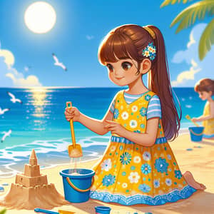 Young South Asian Girl Making Sandcastle at Beach