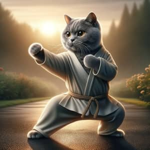 Domestic Short-Haired Gray Cat Demonstrating Kung Fu Stance