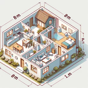 Isometric House Design: 8m x 8m Layout with Essentials