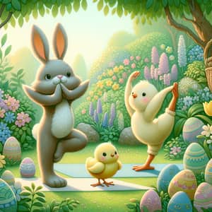 Easter-themed Yoga Scene with Bunny and Chick in Lush Garden