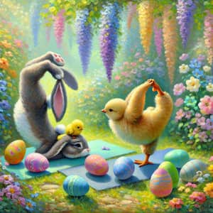 Easter-Themed Yoga Scene with Bunny and Chick in Lush Garden