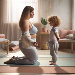 Plus Size Yoga Teacher Practising Iyengar Yoga with Curly Blond Toddler