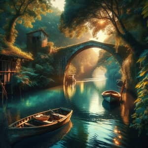 Tranquil Scene of Rustic Waterway with Stone Bridge and Forests