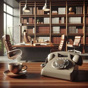 Sophisticated Office Room Design with Old-Fashioned Telephone and Coffee Cup