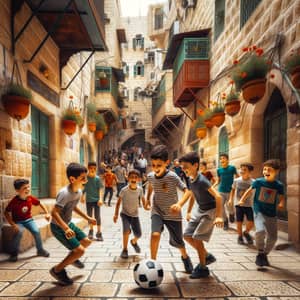 Multicultural Children Playing Soccer in Streets of Palestine