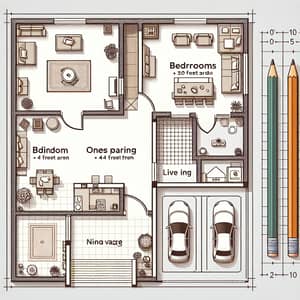 Rectangular Plot 20x45 Feet Floor Plan with 2 Bedrooms, Kitchen, Dining, Living Areas