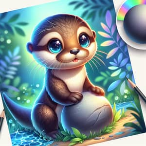 Detailed Digital Painting of Cute Cartoon Otter in Vibrant Colors