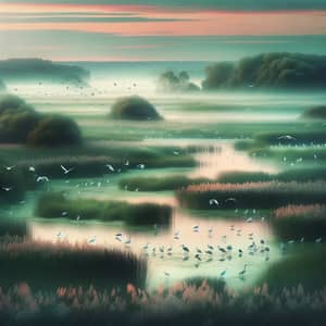 Tranquil Bird Species Settling in Verdant Marshlands | Sunset Serenity