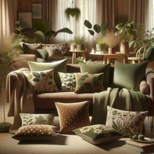 Tranquil Nature-Inspired Room Decor with Green and Brown Cushions