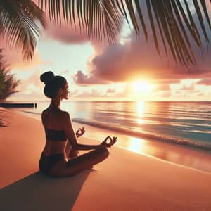 Soothing Middle-Eastern Woman Meditating on Secluded Sandy Beach
