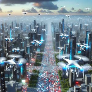 Advanced Future: Countless Drones in Ultramodern Cityscape