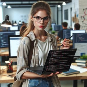 Professional Caucasian Female Code Assistant with Laptop and Coding Lines