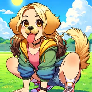 Girl Mimicking Dog in Colorful Illustration