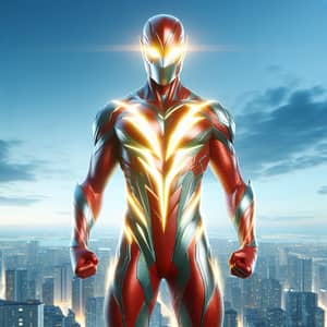 Radiant Energy Red-Silver Superhero in City Skyline | Brand Name