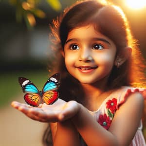 Joyful South Asian Girl with Vibrant Butterfly Outdoors