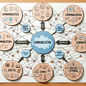 Communication Concept Map: Skills, Non-Verbal, Dialogue, Group, Digital, Barriers, Listening, Public Speaking
