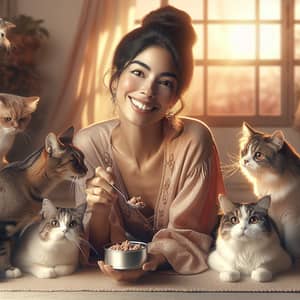 Heartwarming Scene of Hispanic Woman Feeding Five Cats