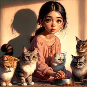 Young Girl Feeding Five Cats at Sunset | Heartwarming Scene
