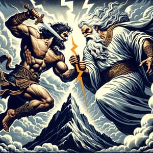 Epic Mythological Battle on Mountain Peak