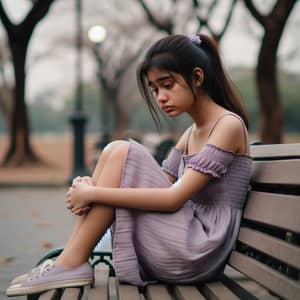 Melancholy South Asian Girl on Park Bench