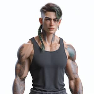 Muscular Woman in Men's Tank Top with Green Hair and Tattoos