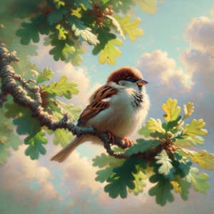 Impressionist Sparrow Painting on Oak Tree Branch